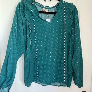 NWT Dolan Teal Sheer Polka Dot Blouse – Size M Long Sleeve Ruffle Trim